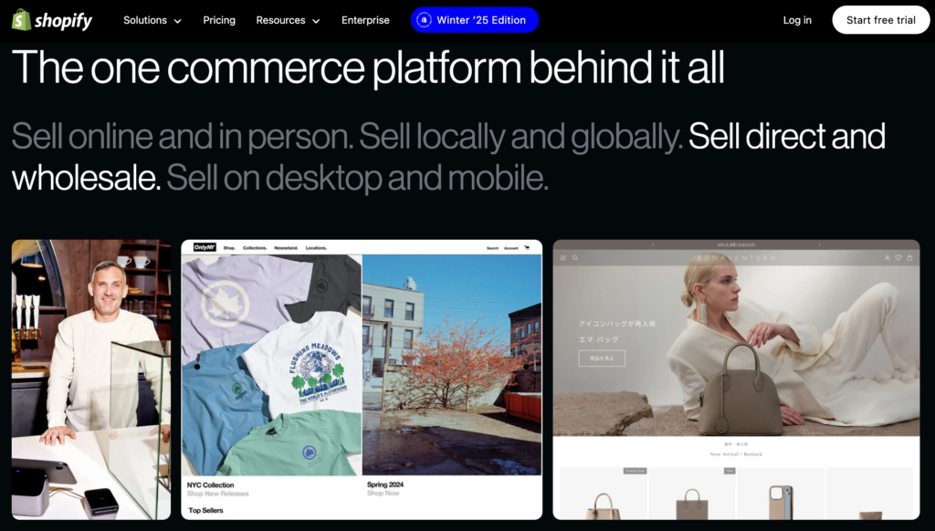 Shopify homepage promoting its e-commerce platform for online and in-person sales, featuring global selling and mobile-friendly designs.